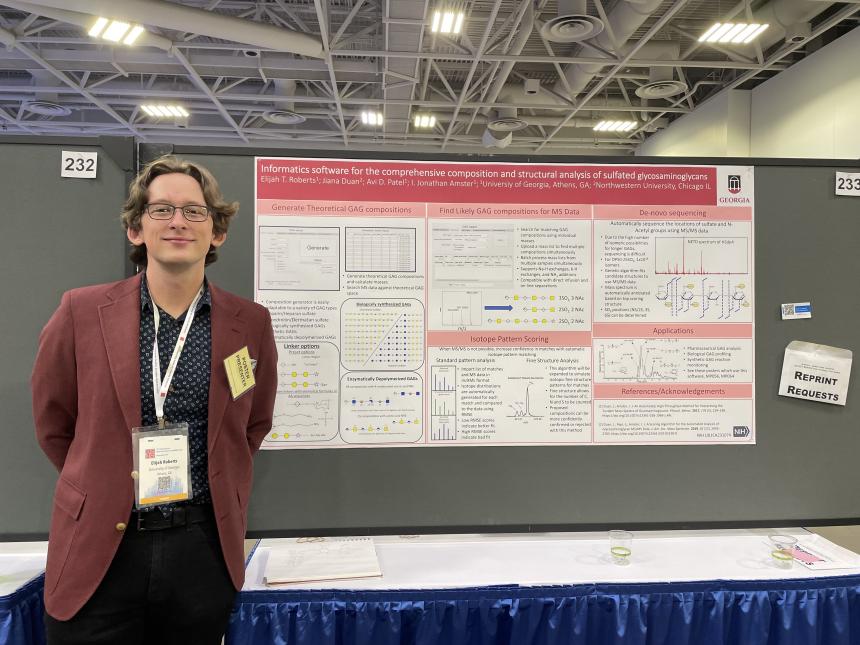 Graduate Student Elijah Roberts presented a poster in Informatics: Algorithms and Statistical Advances session titled "Informatics software for the comprehensive composition and structural analysis of sulfated glycosaminoglycans"