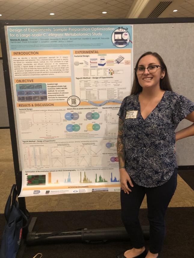 Graduate student Brianna Garcia presented a poster titled "Design of Experiments: Sample preparation optimization for a large-scale C. elegans metabolomics study "